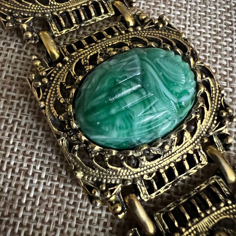 Vintage Egyptian Revival Faux Jade Scarab Seed Pearl Bracelet 7.5" Whimsigoth